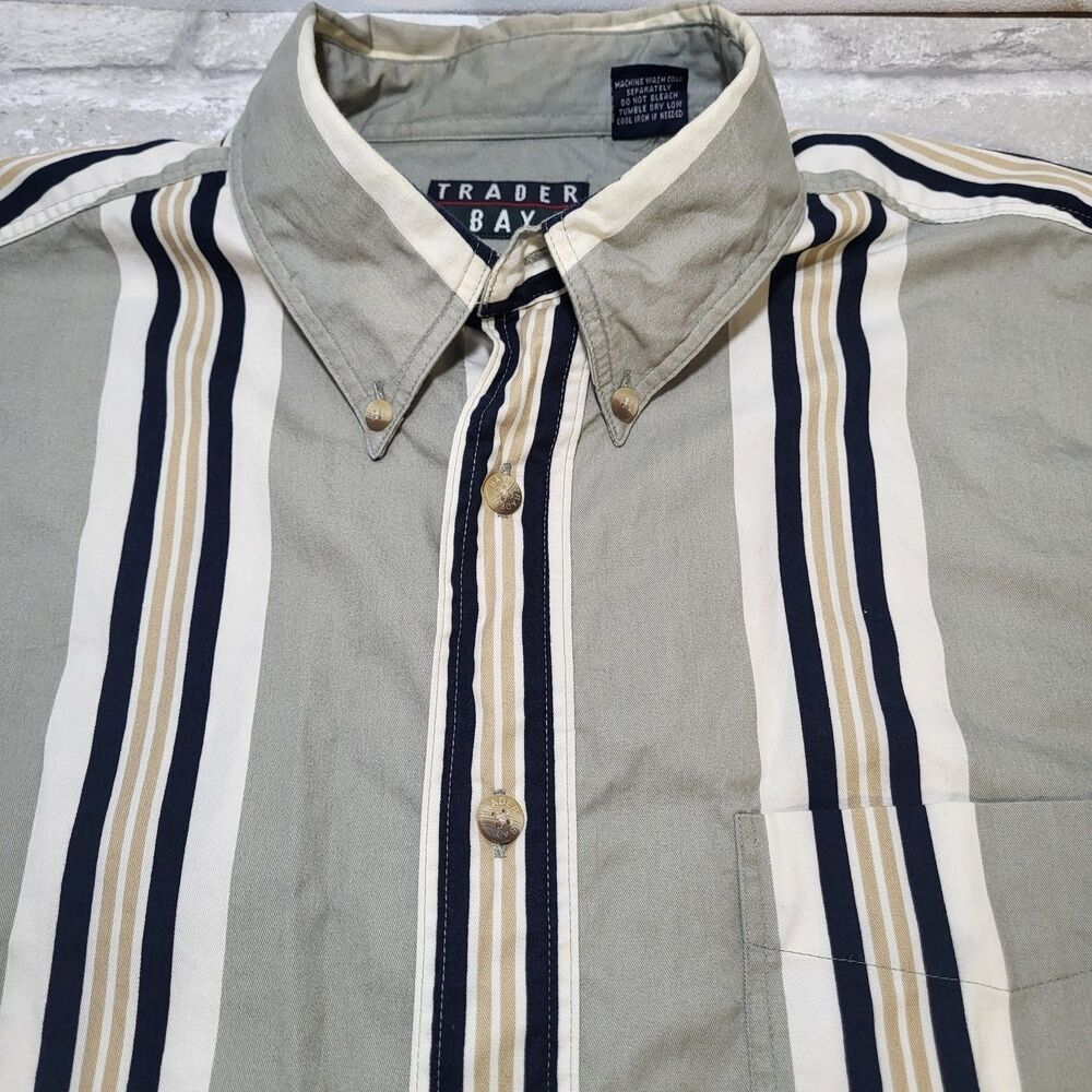 VTG TRADER BAY Men’s Button Up Shirt LG Vertical Stripe 100% Cotton Green Navy
